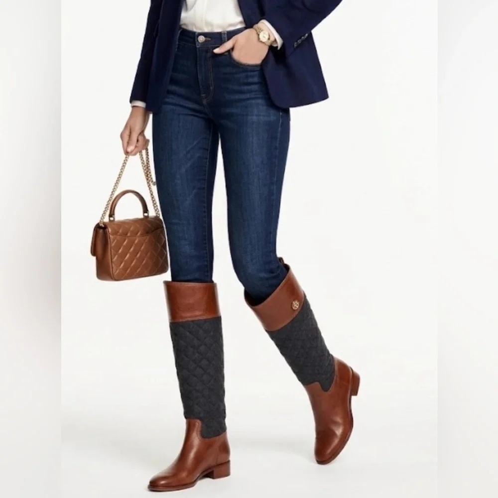 Tory Burch Brown Leather & Monogram Quilted Boots